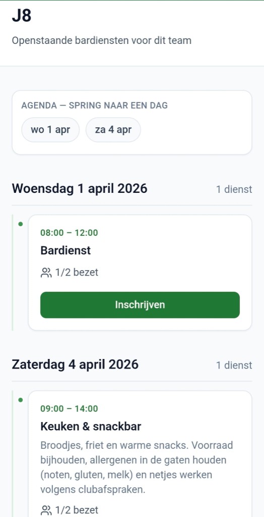 Voorbeeld van de Clubrooster app — bardiensten inschrijven